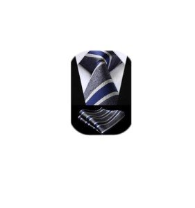 HISDERN Grey & Blue Striped Tie and Pocket Square Set