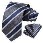 HISDERN Grey & Blue Striped Tie and Pocket Square Set