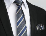 HISDERN Grey & Blue Striped Tie and Pocket Square Set