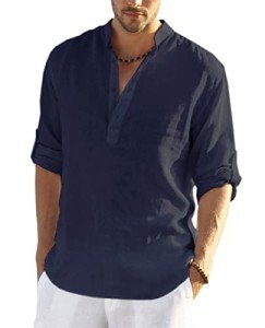 Coofandy Men's Long Sleeve Linen Henley Shirt - Navy