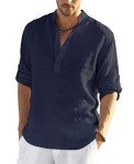 Coofandy Men's Long Sleeve Linen Henley Shirt - Navy