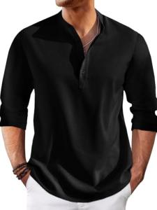 Runcati Men's Linen Henley Shirt - Casual 3/4 Sleeve