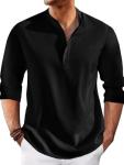 Runcati Men's Linen Henley Shirt - Casual 3/4 Sleeve