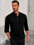 Runcati Men's Linen Henley Shirt - Casual 3/4 Sleeve