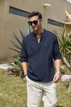 Coofandy Men's Long Sleeve Linen Henley Shirt - Navy