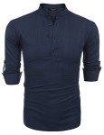 Coofandy Men's Long Sleeve Linen Henley Shirt - Navy