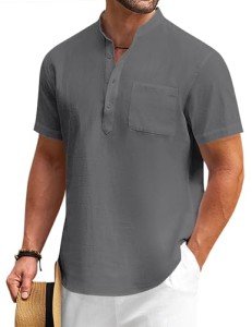 Men's Casual Cotton Linen Henley Shirt - Dark Grey