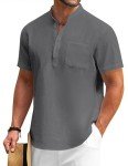 Men's Casual Cotton Linen Henley Shirt - Dark Grey