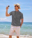 Men's Casual Cotton Linen Henley Shirt - Dark Grey