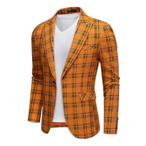 Orange Plaid Slim Fit Blazer for Men