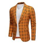 Orange Plaid Slim Fit Blazer for Men
