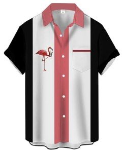 Men's Flamingo Print Short Sleeve Bowling Shirt
