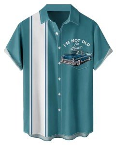 Retro Car Stripe Print Bowling Shirt for Men