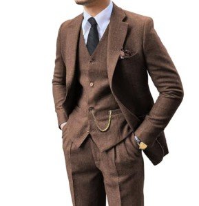Brown Herringbone Retro Tweed 3-Piece Suit Set