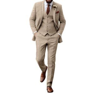 Aowdoy Men's Retro Herringbone 3-Piece Suit