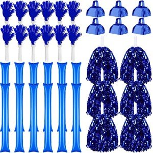 Blue Pom Poms, Thunder Sticks, Hand Clappers and Cowbell Set 36pcs