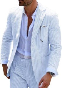 Light Blue Striped Slim Fit Seersucker Suit Set