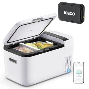 ICECO GO20 Dual Zone Car Refrigerator, 21 Quart Portable Car Freezer with Secop Compressor, APP Control, 0℉～50℉, DC 12/24V, AC 110/240V, 12 Volt Refrigerator For Car,Trip (GO20 White+Battery)