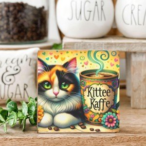 Charming Cat and Coffee Canvas Art - Colorful Kitchen Wall Decor, 8x8