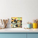 Charming Cat and Coffee Canvas Art - Colorful Kitchen Wall Decor, 8x8