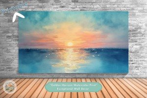 Golden Horizon Watercolor Print: Serene Sunset Over Ocean - Exceptional Wall Decor - Nature Inspired Printable Art for Home or Office