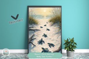 Dawn&#39;s First Journey - Baby Sea Turtles Ocean Inspired Printable Wall Art - Coastal, Inspirational Home and Office Decor or Perfect Gift