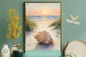 Serenity Shell: Tranquil Lowcountry Beach Sunset - Premium Printable Wall Art for Coastal Home and Office Decor Enthusiasts
