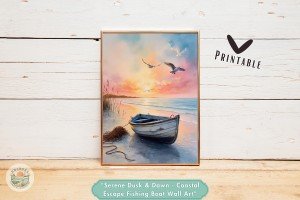 Serene Dusk & Dawn - Coastal Escape Fishing Boat Wall Art, Printable Sunrise Seascape Home and Office Decor - Ideal gift for art enthusiasts