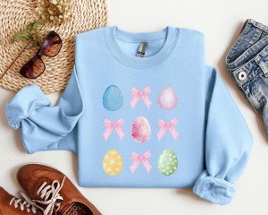 Coquette Easter Egg and Bow Sweatshirt Gift for Her, Cute Pink Coquette Bows and Pastel Easter Egg Sweatshirt for Mom Cozy Easter Pullover