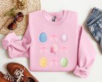 Coquette Easter Egg and Bow Sweatshirt Gift for Her, Cute Pink Coquette Bows and Pastel Easter Egg Sweatshirt for Mom Cozy Easter Pullover