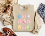 Coquette Easter Egg and Bow Sweatshirt Gift for Her, Cute Pink Coquette Bows and Pastel Easter Egg Sweatshirt for Mom Cozy Easter Pullover