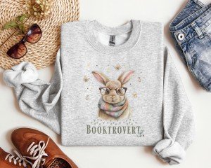Booktrovert Bunny With Reading Glasses and Scarf, Easter Sweatshirt Book Lover Gift, Cute Cozy Bunny Reading Sweater, Bunny Rabbit Butterfly