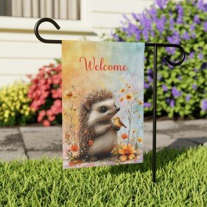 Charming Welcome Double-Sided Garden Flag with Hedgehog and Bird - Rustic Outdoor Decor