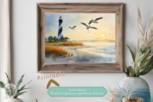 Serene Dawn - Premium Lighthouse and Pelican Wall Art Print - Unique Coastal Decor for Home or Office