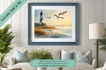 Serene Dawn - Premium Lighthouse and Pelican Wall Art Print - Unique Coastal Decor for Home or Office
