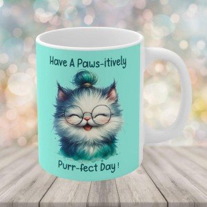 Paws-itively Purr-fect Day - Quirky Cat & Glasses Ceramic Coffee Mug - Ideal Gift for Cat Lovers