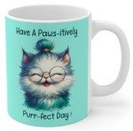 Paws-itively Purr-fect Day - Quirky Cat & Glasses Ceramic Coffee Mug - Ideal Gift for Cat Lovers