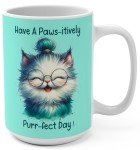 Paws-itively Purr-fect Day - Quirky Cat & Glasses Ceramic Coffee Mug - Ideal Gift for Cat Lovers