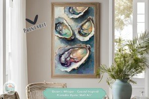Ocean&#39;s Whisper - Coastal Inspired Printable Oyster Wall Art - Nature and Maritime Home Decor for Serene Living Spaces