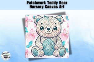 Charming Hearts Patchwork Teddy Bear Canvas Art - Perfect for Nursery or Playroom Decor