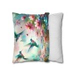 Hummingbird Floral Pillowcase, Colorful Home Decor, Vibrant Throw Pillow, Gift for Nature Lovers, Spring Decor Accents, Square, 4 Sizes