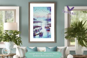 Twilight Serenity - Lowcountry Marina Sailboats Watercolor Art Print - Nautical Decor for Home or Office - Ideal Gift for Art Lovers
