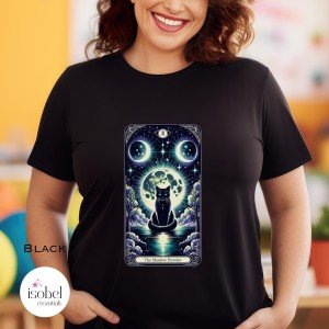 The Shadow Prowler Black Cat Tarot Card Graphic T-shirt - Full Moon Divine Feminine Mystical Pagan Divination Shirt - - Plus Size S-3X