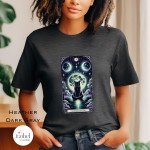 The Shadow Prowler Black Cat Tarot Card Graphic T-shirt - Full Moon Divine Feminine Mystical Pagan Divination Shirt - - Plus Size S-3X