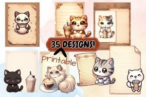 Adorable Cat Café Printable Junk Journal Kit, 35 Unique Charming Designs for Crafting, Scrapbooking