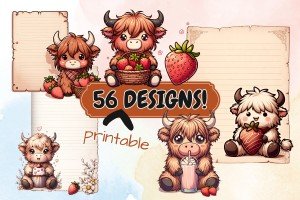 Cute Kawaii Highland Cows with Strawberries | Junk Journaling | Scrapbooking | Digital Paper Ephemera | Printable | Junk Journal Kit