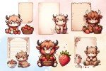 Cute Kawaii Highland Cows with Strawberries | Junk Journaling | Scrapbooking | Digital Paper Ephemera | Printable | Junk Journal Kit
