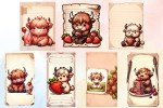 Cute Kawaii Highland Cows with Strawberries | Junk Journaling | Scrapbooking | Digital Paper Ephemera | Printable | Junk Journal Kit