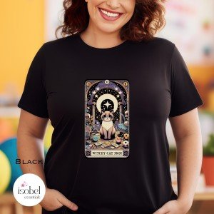 Witchy Cat Mom Tarot Card Graphic T-shirt - Full Moon Divine Feminine Mystical Pagan Divination Shirt - - Plus Size S-3X