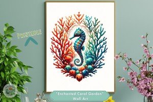 Enchanted Coral Garden - Vibrant Diamond Studded Seahorse Geometric Printable Wall Art - Coastal Beach Style Home, Office or Nursery Decor